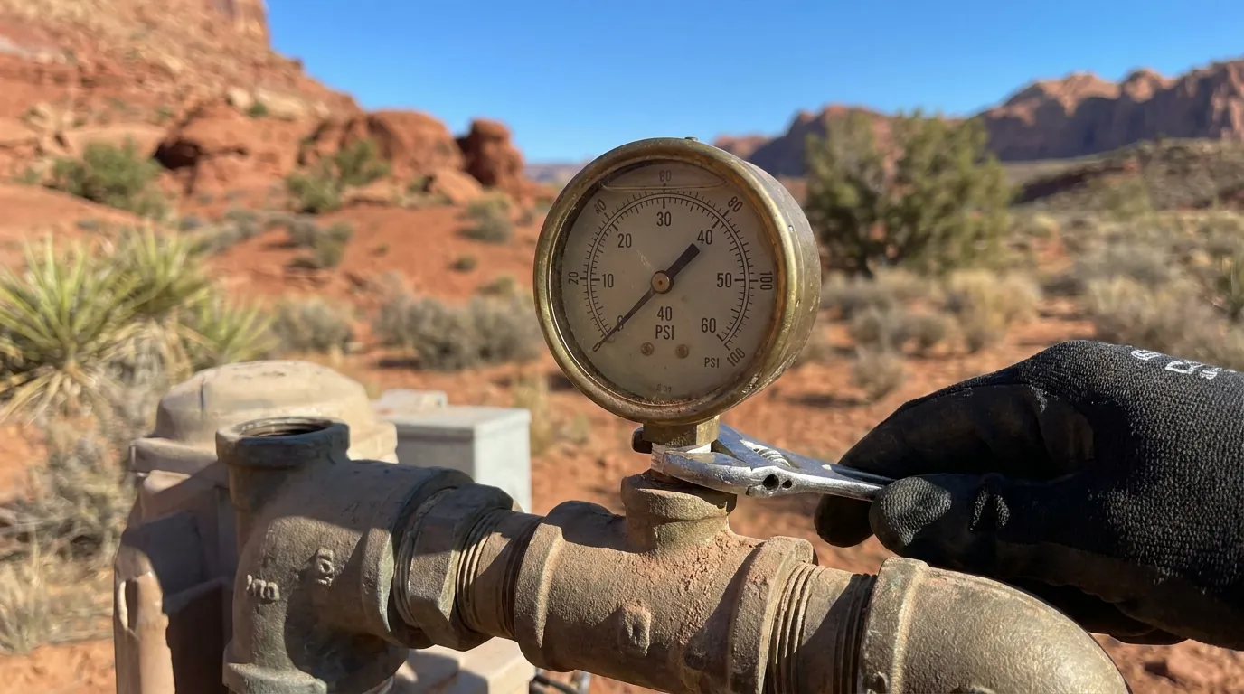A pressure gauge on a well system being read during diagnosis