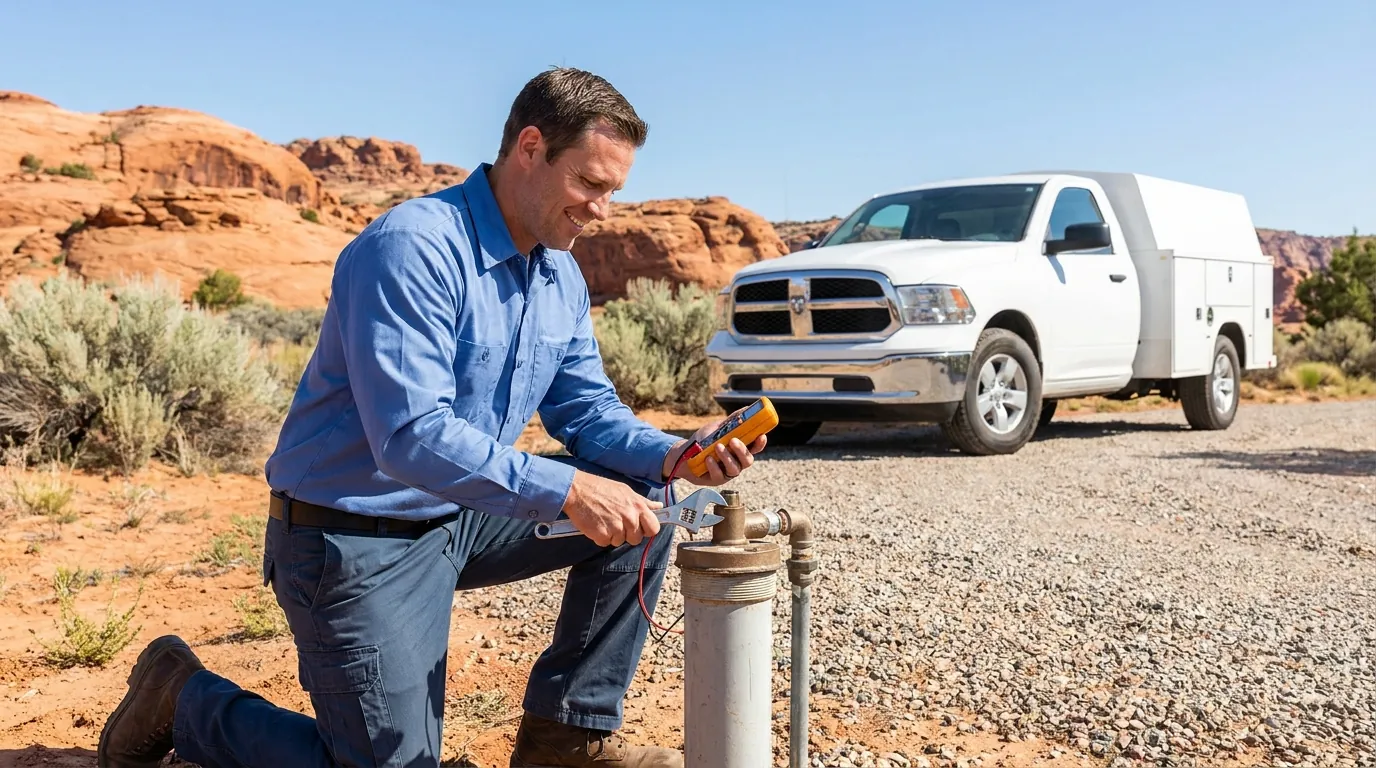 A technician inspecting a residential well head