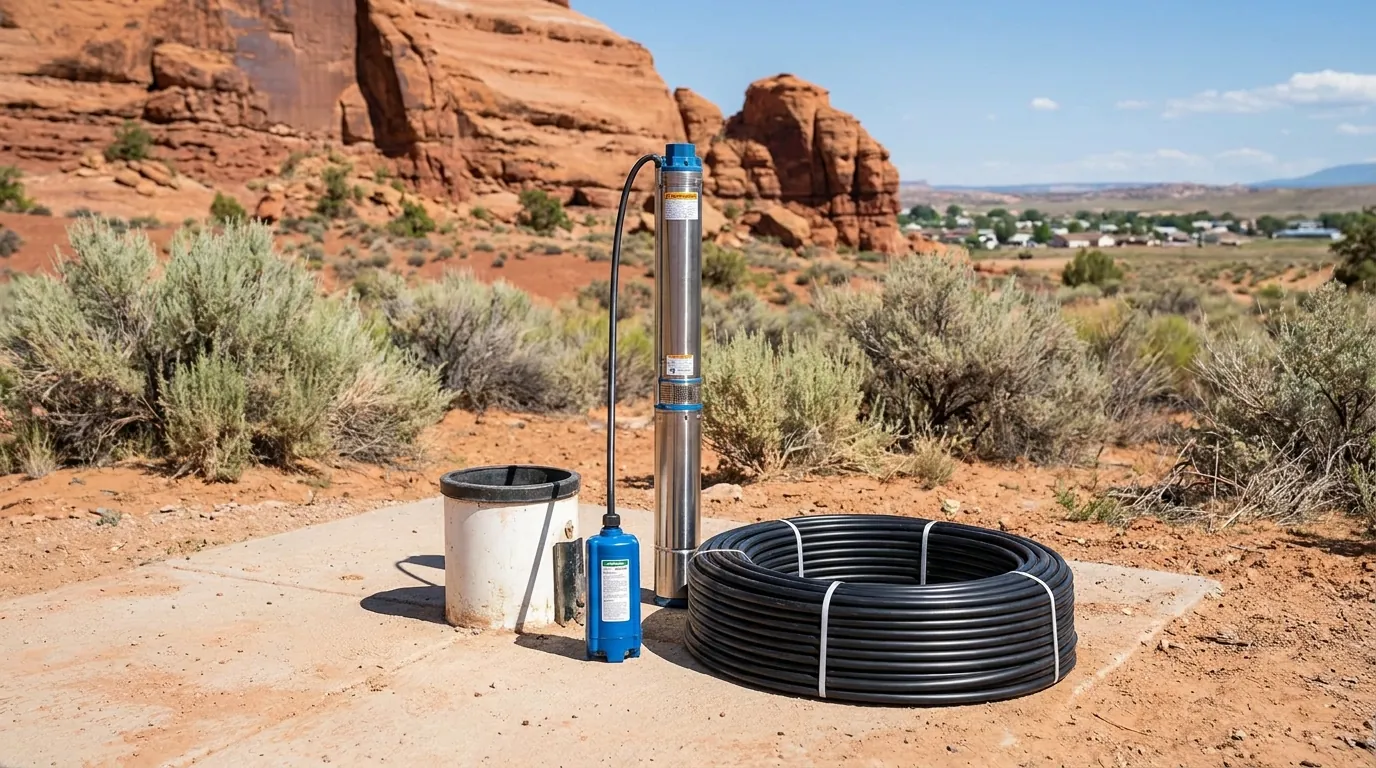 A replacement well pump and drop pipe ready for installation